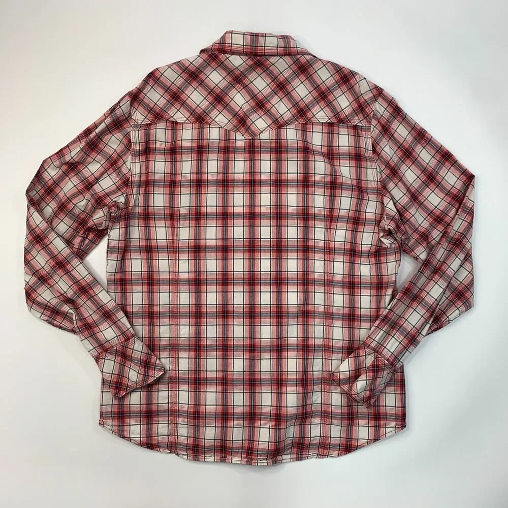 True Religion Western Shirt Mens 3XL XXXL Red Navy Plaid Pocket Snap Button Up